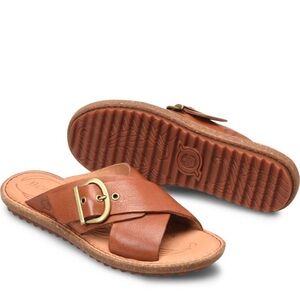 Born Rio Leather Slide Sandals Cognac Brown and gold brass